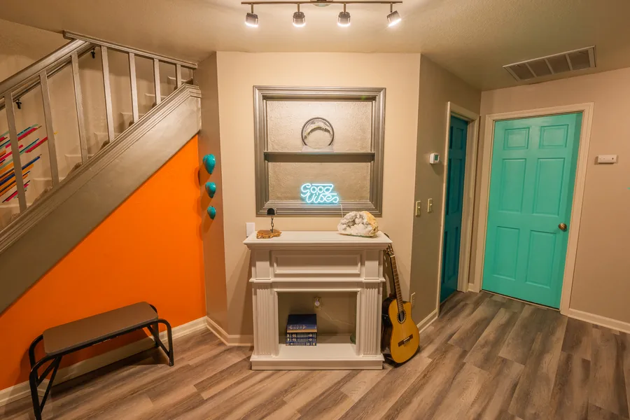 Entry, fireplace and stairs